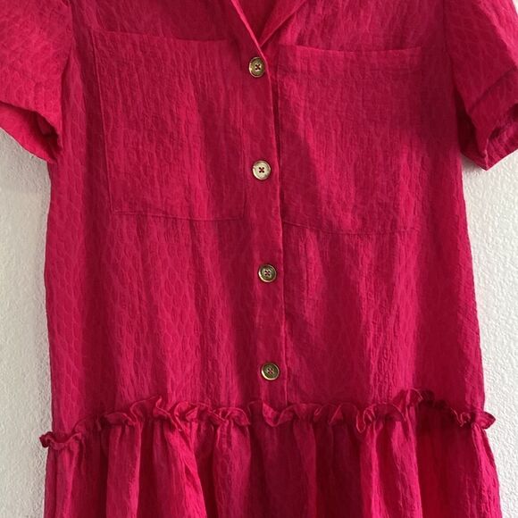 Anthropologie Exquise Deep Raspberry Pink Drop Waist Button-Front Mid Dress - Picture 4 of 9